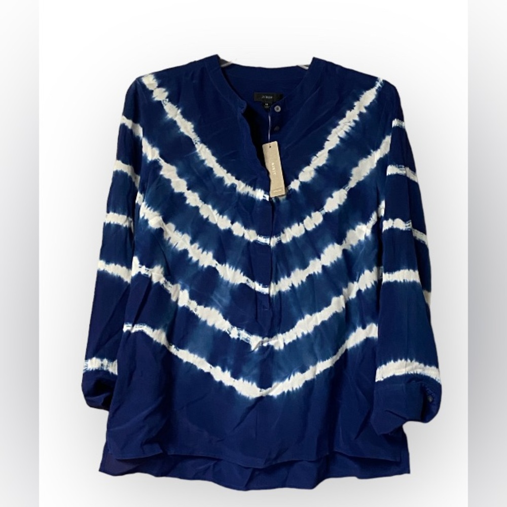 NWT J Crew AJ427 NWT Woman's Size M Trendy  Blue/White Tie-dyed Silk Tunic